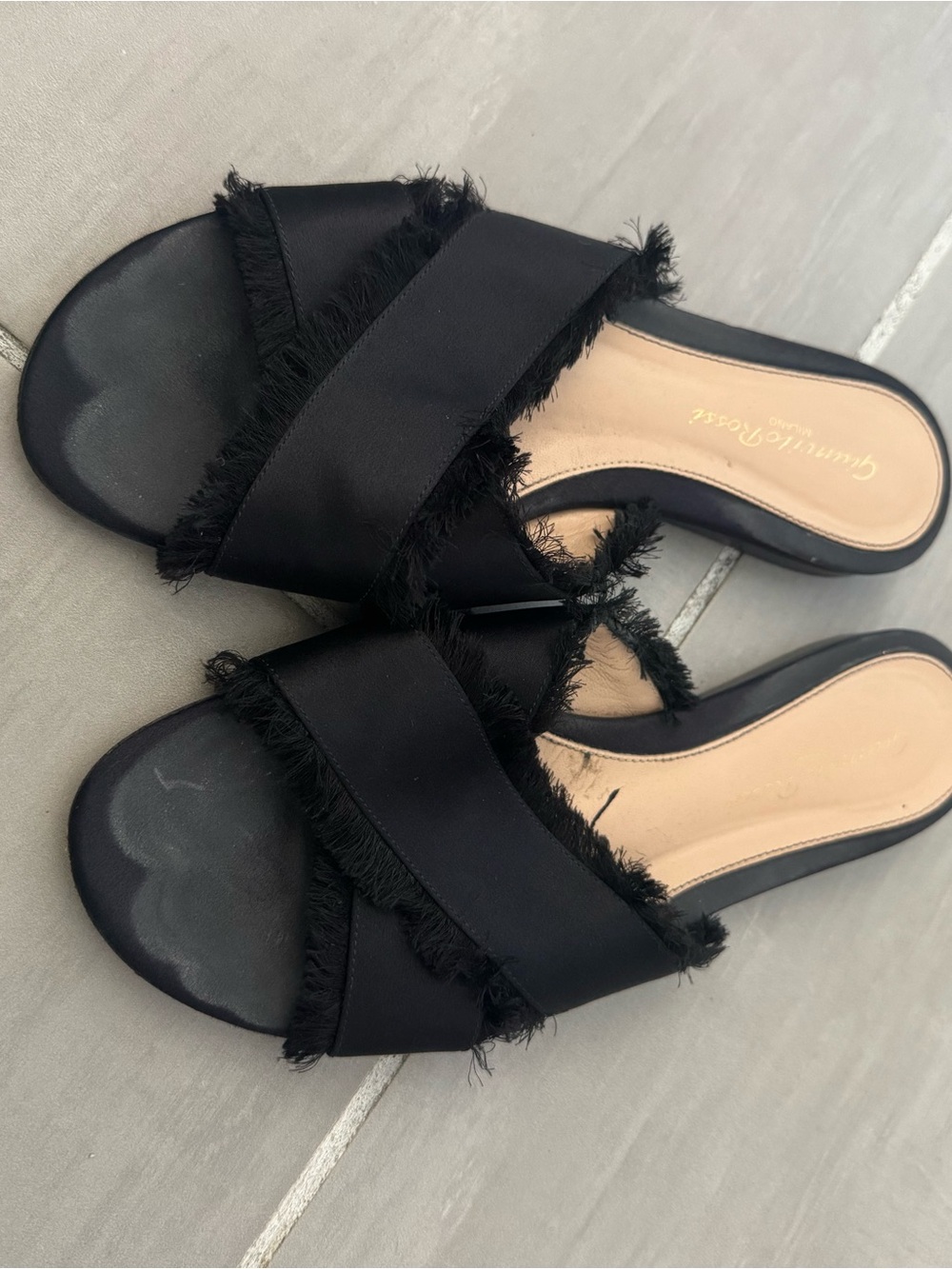 Gianvito Rossi Black Frayed Cross-Strap Slide Sandals